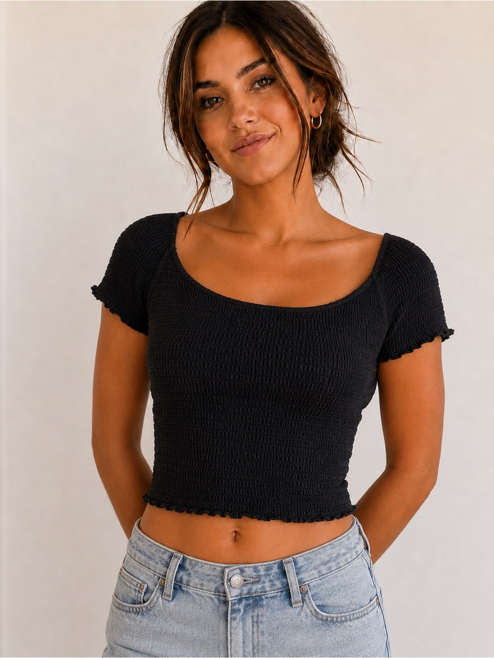 Xhilaration Black Smocked Off-Shoulder Crop Top